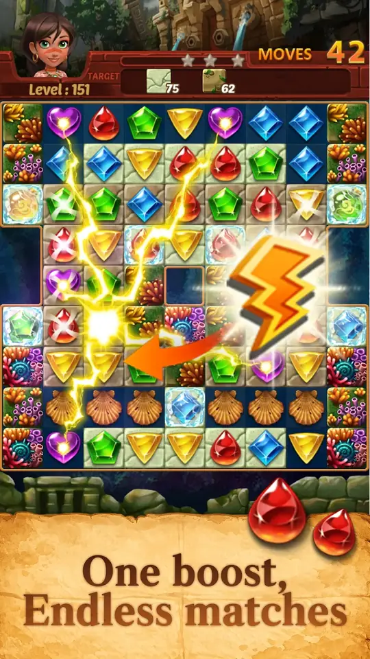Nível 151 de Jewels Atlantis com um reforço em forma de raio a atravessar o tabuleiro
