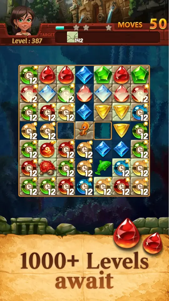 Nível 387 de Jewels Atlantis com muitas peças marcadas com um pequeno relógio e o número 12