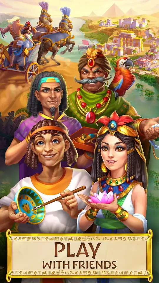 Personagens de Jewels of Egypt: uma jovem com flor de lótus, um rapaz com uma taça e um mercador com papagaio