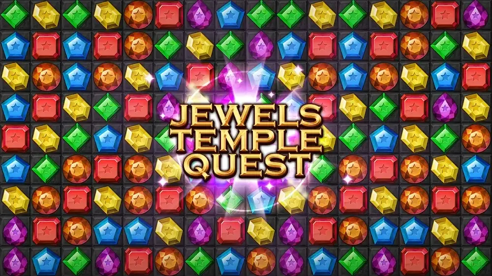 Grelha de Jewels Temple com pentágonos azuis, quadrados vermelhos, discos laranja, hexágonos amarelos, losangos verdes e gotas roxas