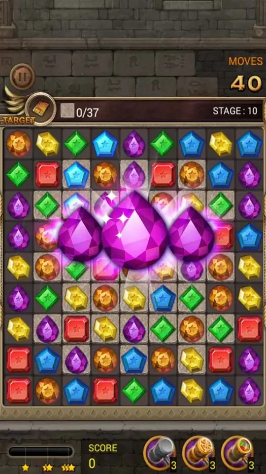 Fase 10 de Jewels Temple com 40 jogadas, alvo de 37 peças e três reforços na parte de baixo do ecrã