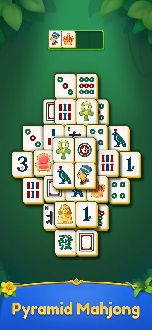 Pyramid Mahjong com uma pilha de peças em losango sobre fundo verde e uma barra de quatro casas no topo